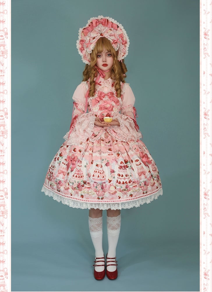 JSK Set Full Accents Print Pink Desserts Lolita Bow Sweet and / Strawberry