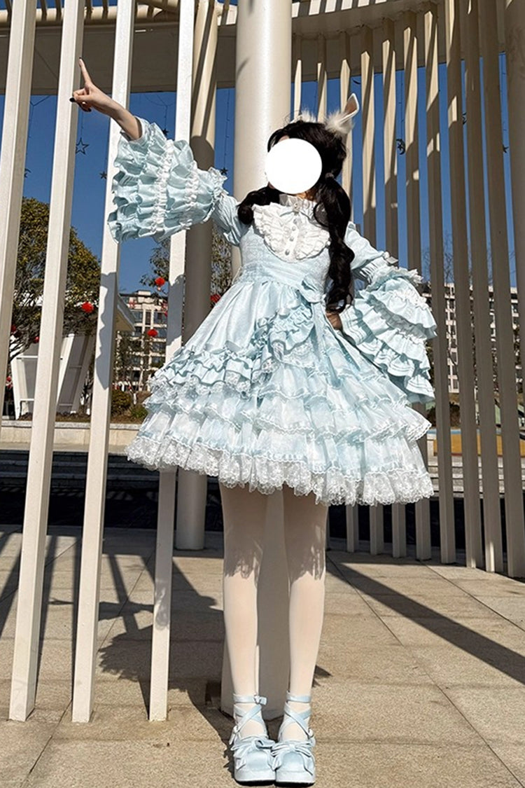 Blue Soloist Doll Long Hime Sleeve Multi-Layer Print Ruffle Bow Asymmetrical Sweet Lolita