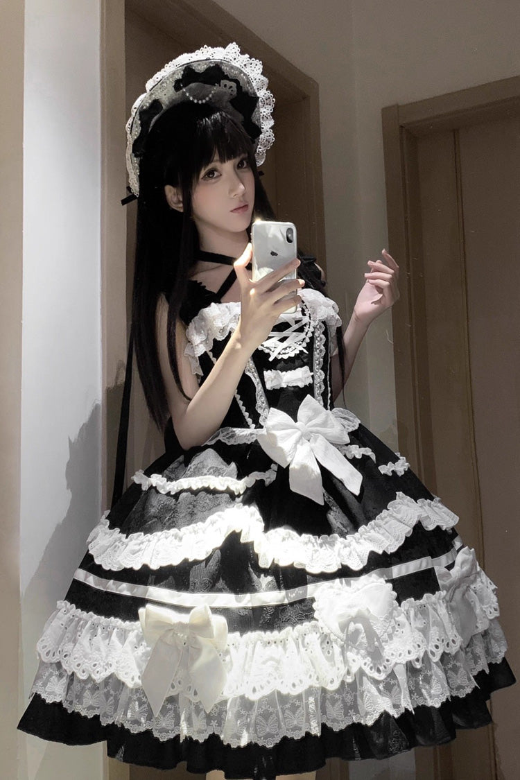 Black/White Super Cute Belia Sleeveless Triple-Layered Ruffled Bow Lace Gothic Elegant Lolita JSK Gown