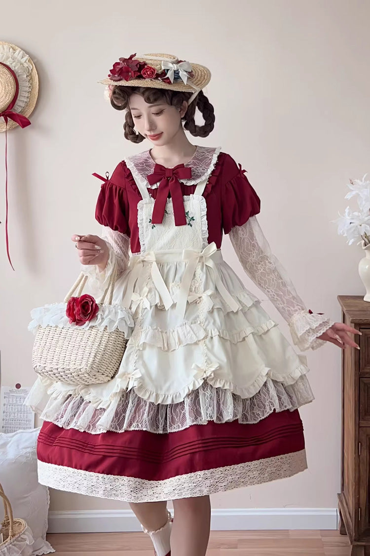 Lapel Collar Long Sleeve Embroidery Bow Lace Sweet Lolita Dress - Red