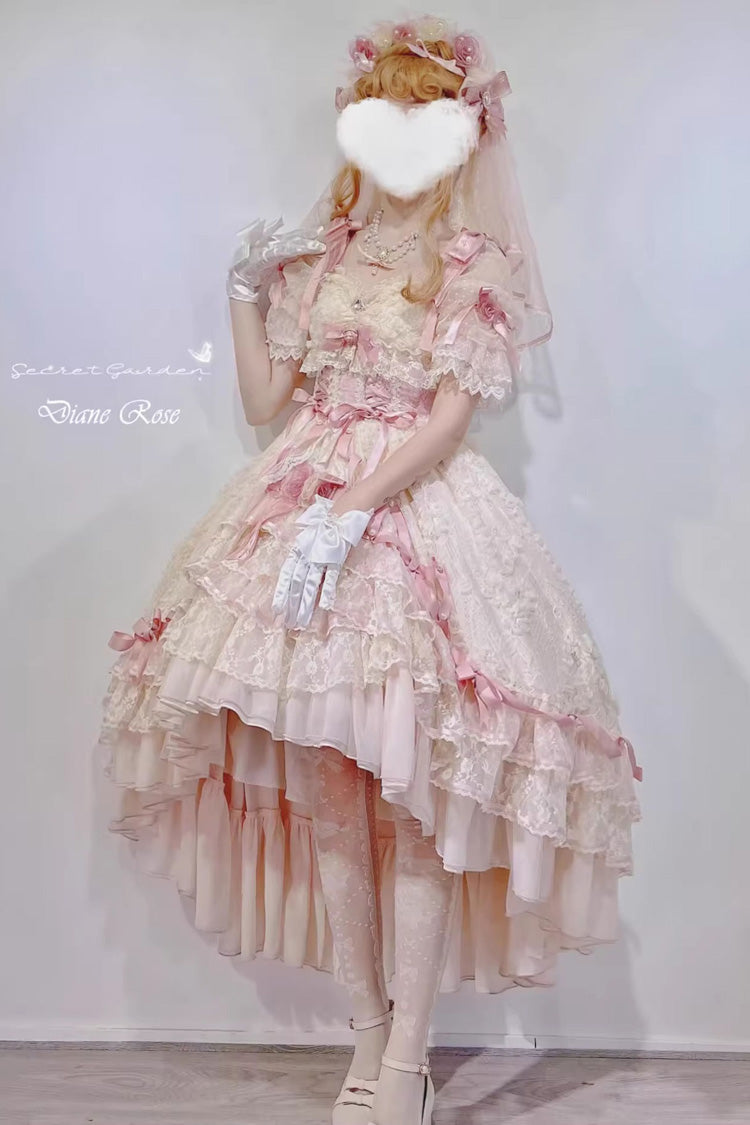 Diane Rose Pink Short Sleeves Multi-Layered Jacquard Ruffle Hanayome Cardigan Bowknot Lace Sweet Dress
