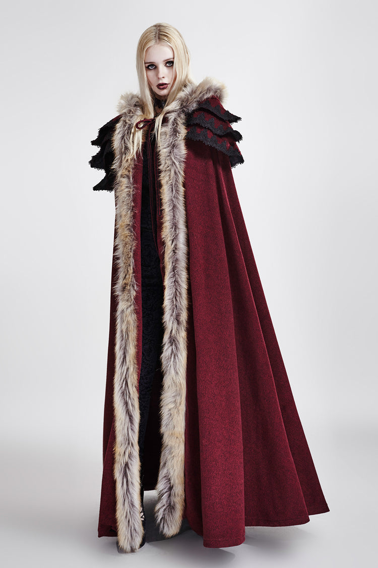 Crimson Hooded Fur-Collar Wool Gothic Cloak Coat