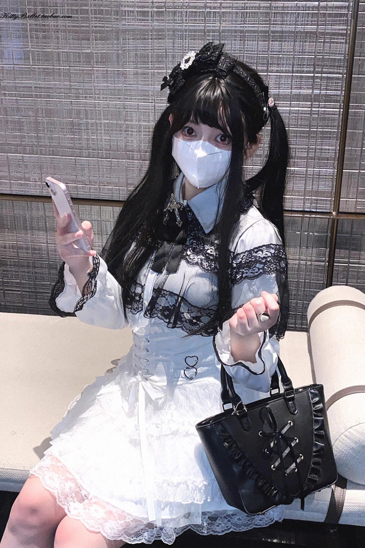 Jirai Kei Blouse with Hollow Lace and Long Sleeves - Mist Veil, 3 Tones