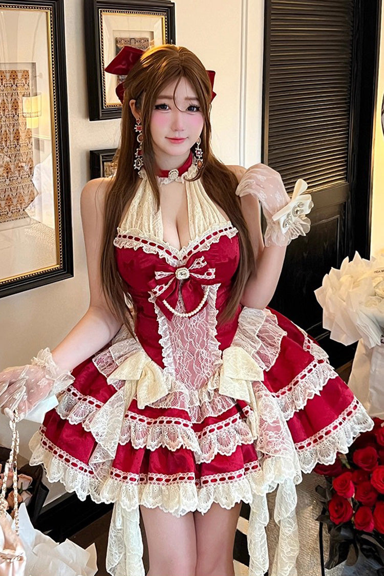 Red Halterneck Sleeveless Double-Layered Ruffle Bow Lace Dress
