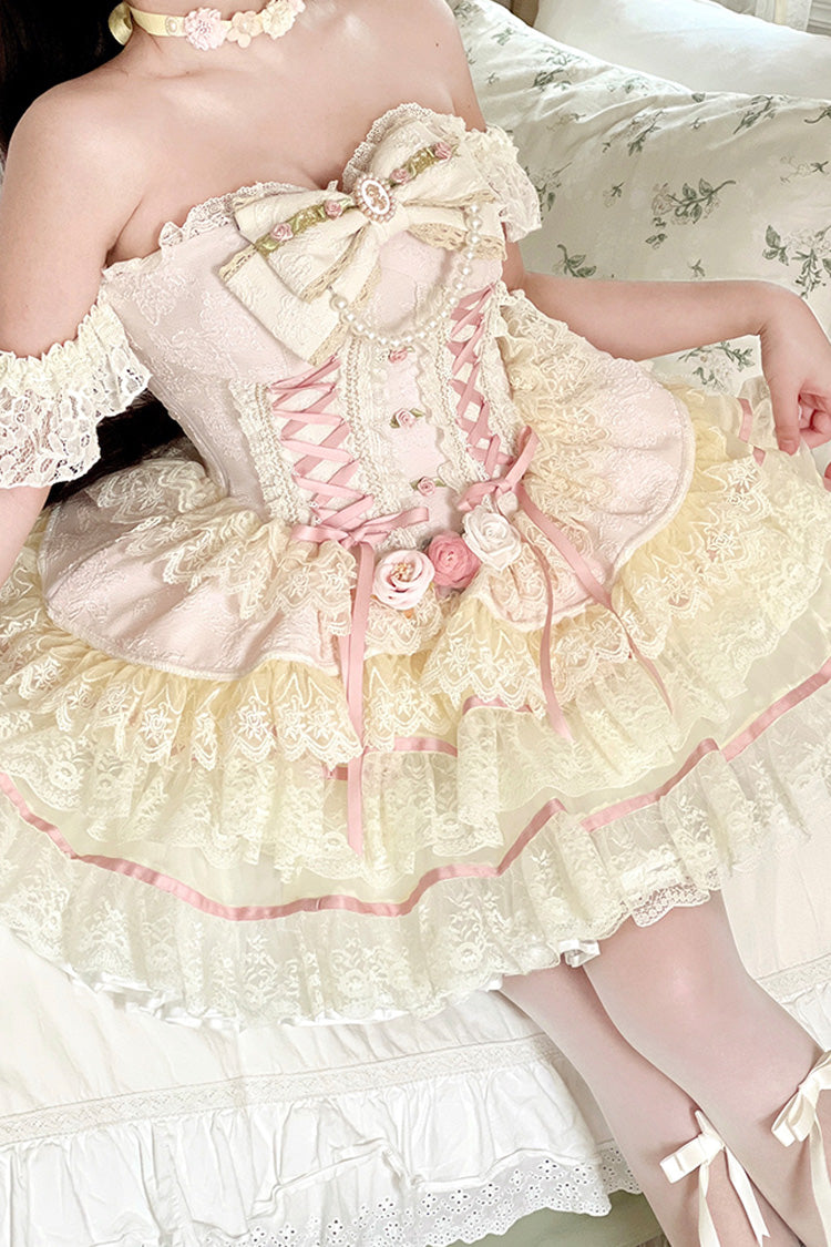 Pink Triple-Layered Ruffled Bow Lace Gorgeous Sweet Lolita Skirt