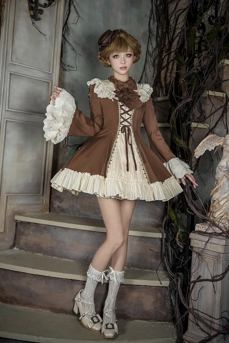 Brown Beige Nutcracker Stand Collar Long Trumpet Sleeves Ruffle Cardigan Lace-Up Sweet Lolita Dress Set