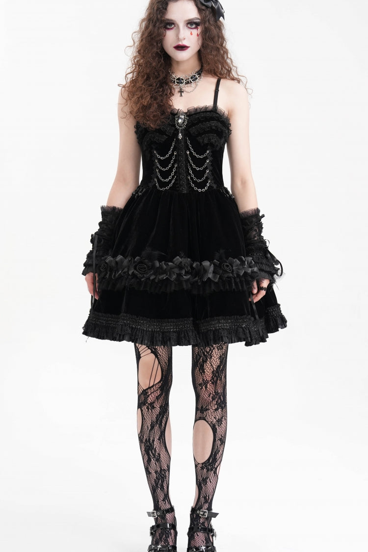 Gothic Slip Dress with Ruffle Lace and Chain for Women