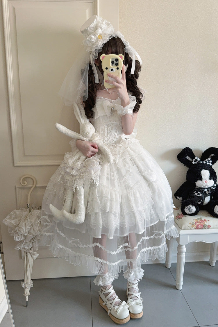 Ivory Sleeveless Multi Ruffle Bridal Bow Lace-Up JSK