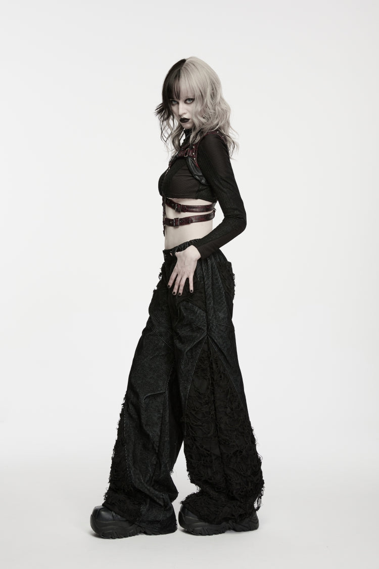 Ripped Pleated Wide-Leg Punk Trousers for Women