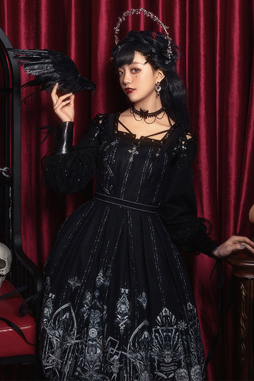 Black Red Heart Eye Print Square Collar Cross High Waist Gothic Lolita JSK Dress - Altfashion Shop