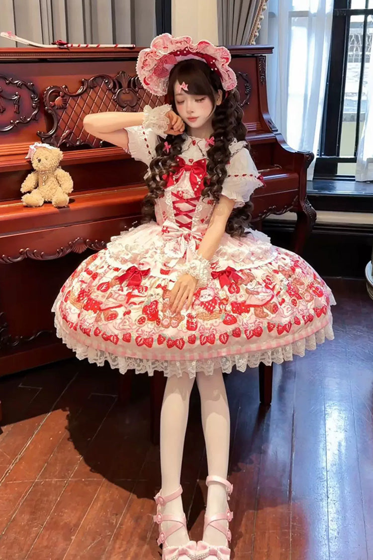 Red/Pink Sweet Lolita JSK Dress Printed Bow Lace Lace-Up - Sweet Berry Bunny Bear