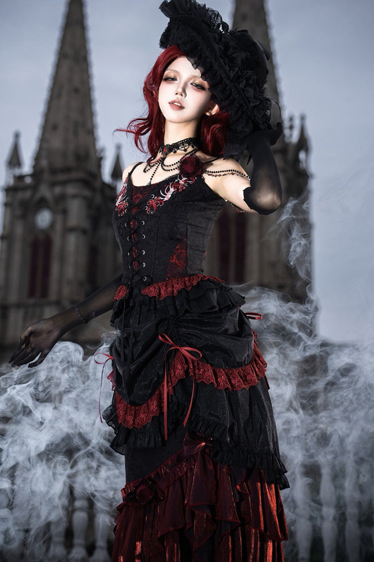 Black/Red Embroidered Lace-Up Gothic Skirt Set with Ruffles