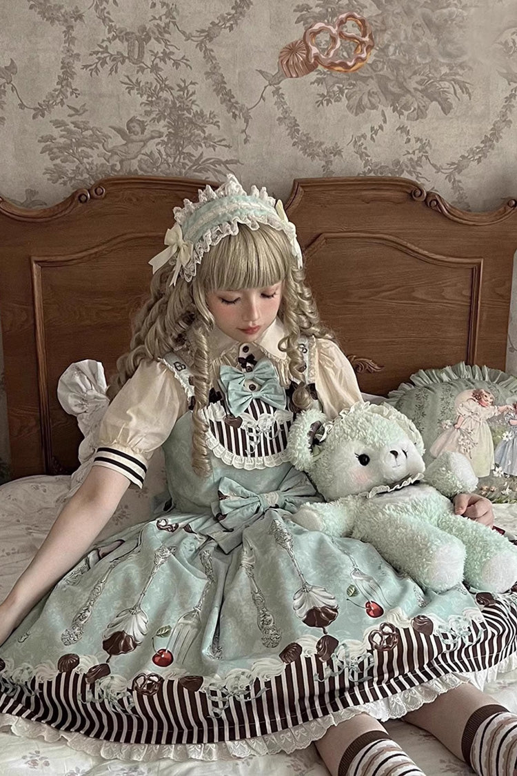 Sleeveless Print Bowknot Sweet Plus Size Lolita Jsk Blue Green