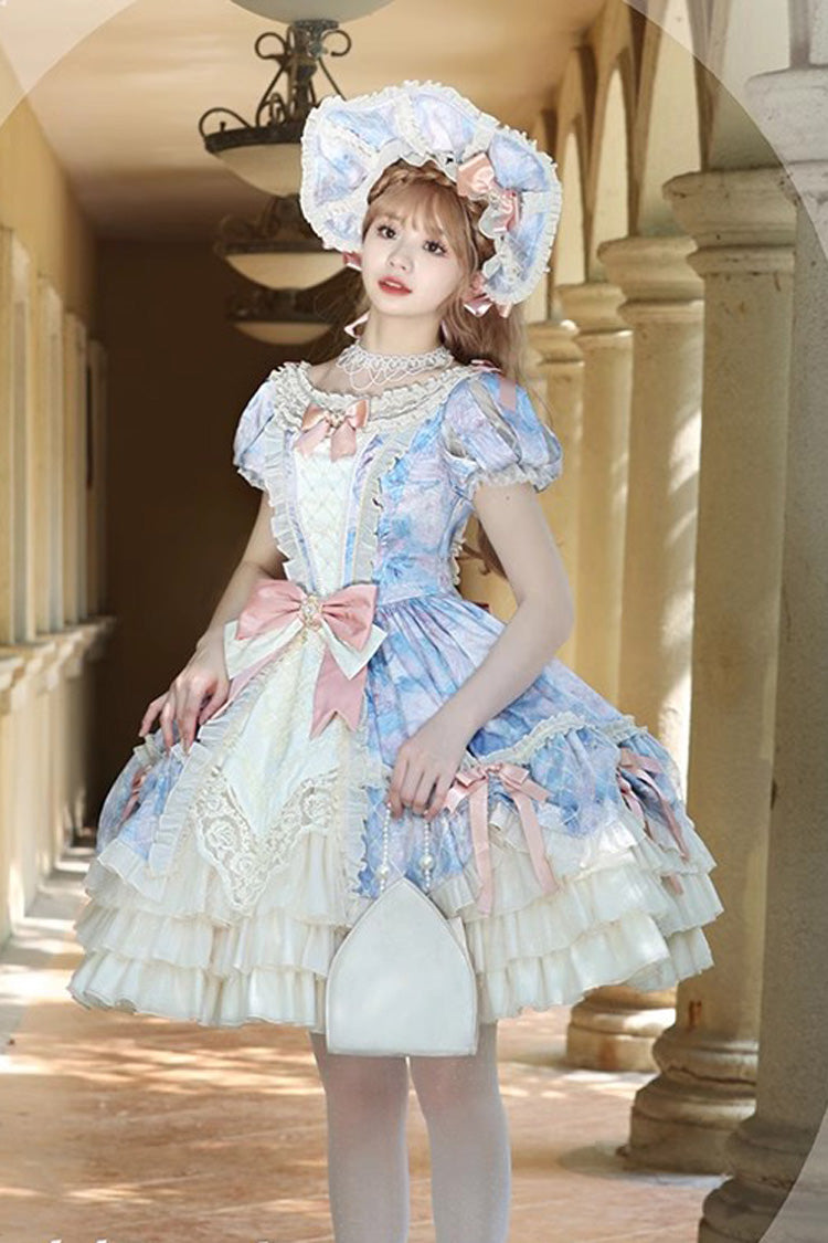 Angel Heart Sky Oil Painting Printed Bow Cardigan Sweet Lolita Dress - Multi-Color