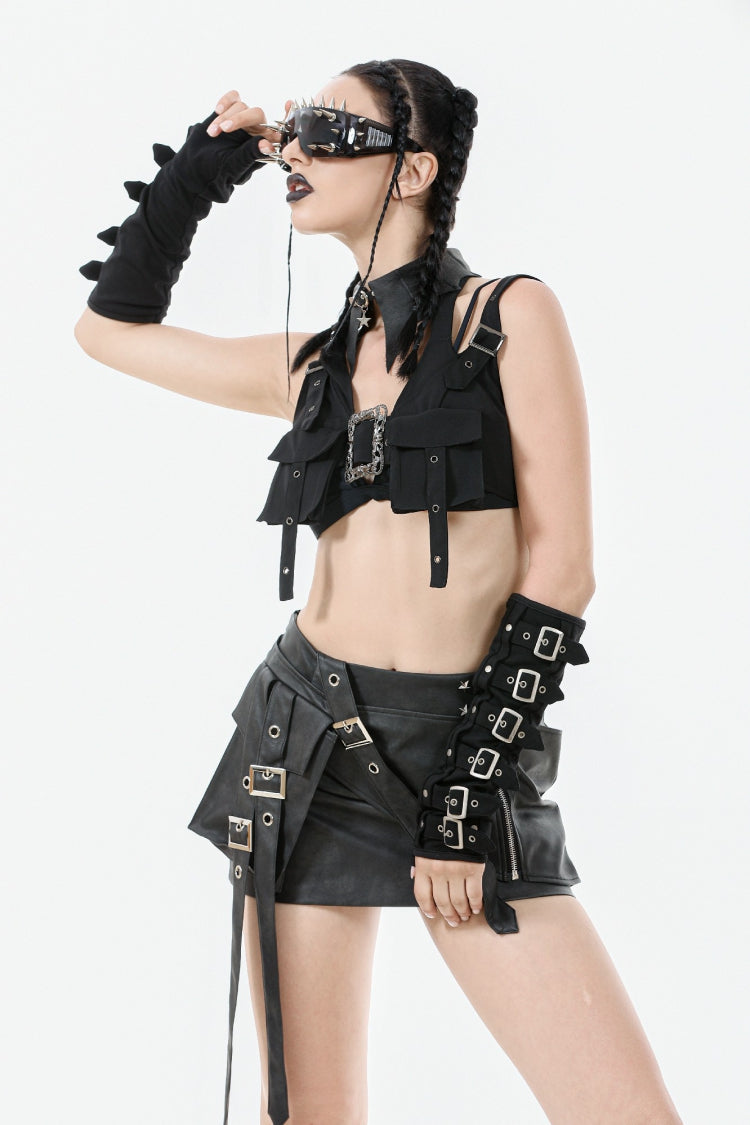 Functional Black Buckled Halter Punk Utility Vest