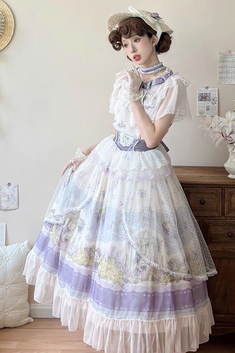 Ivory and Lavender Rabbit Vine Grape Print Short Sleeve Ribbon Lace Elegant Sweet Lolita Skirt Set