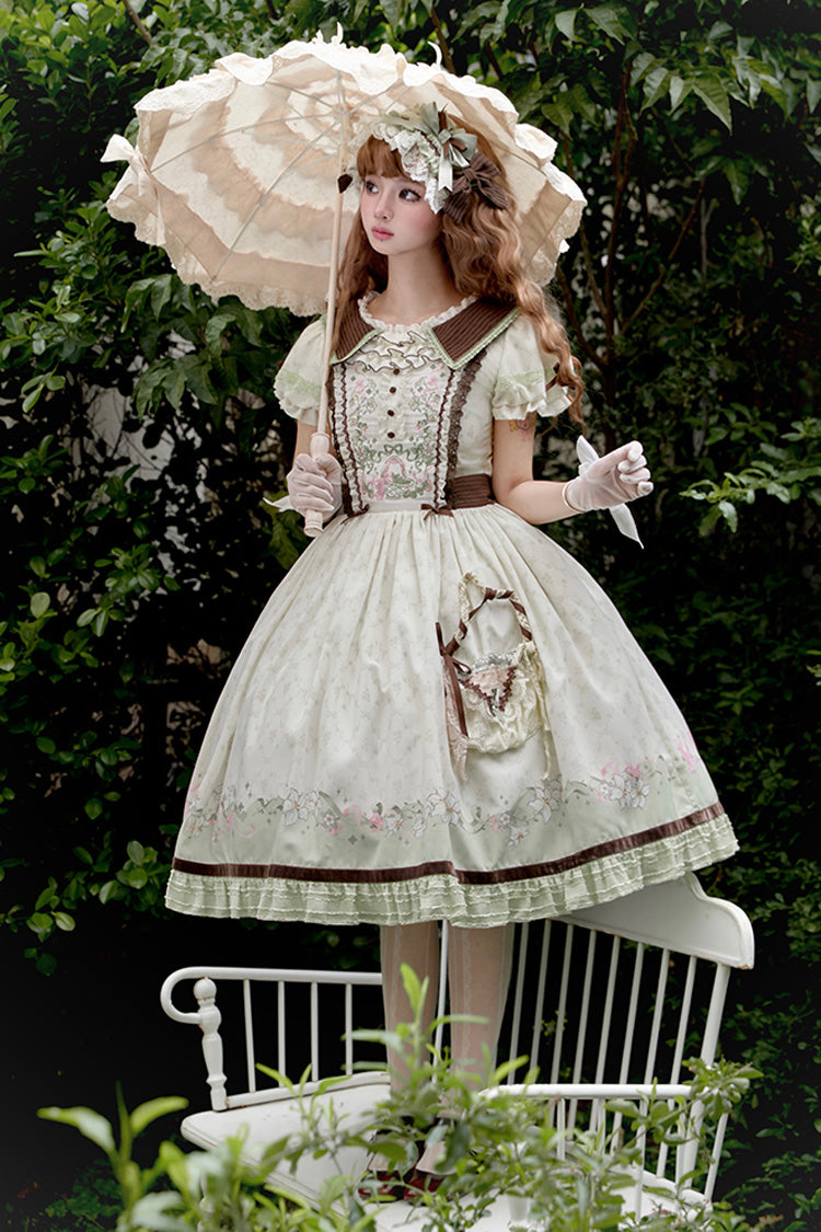 Green Ivory Lily Short Sleeve Print Ruffle Embroidery Bow Lace Sweet Dress