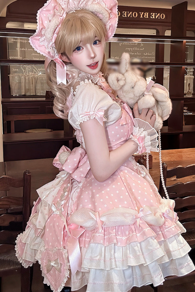 Pink Halter Polka Dot Bow Lace-Up Lolita Gown