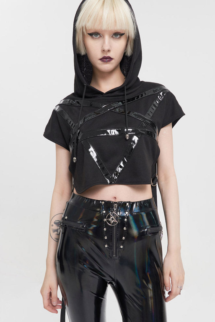 Punk Hoodie Tee with Pentagram Print and Leather Accents