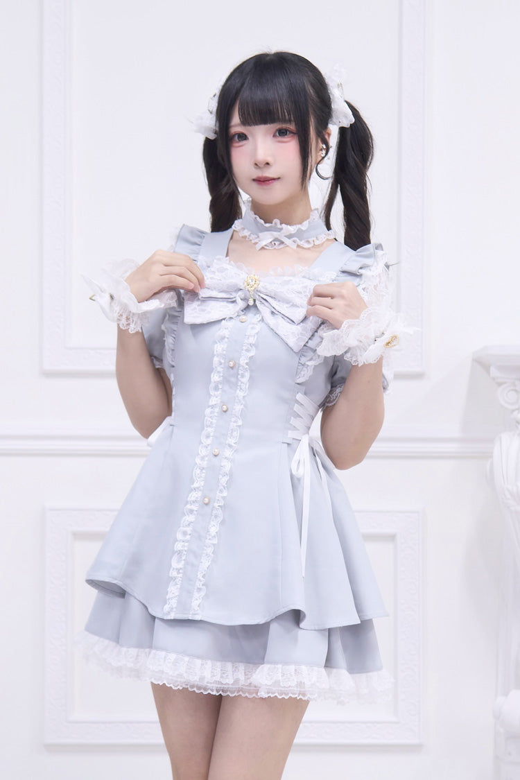 Waltz Bow Gothic Short-Sleeve Jirai Kei Dress Set - Light Blue