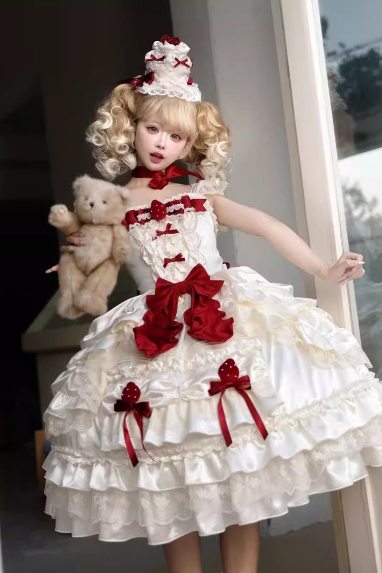 Sweet Apricot Square Collar Sleeveless Layered Ruffle Embroidered Bow Lolita JSK