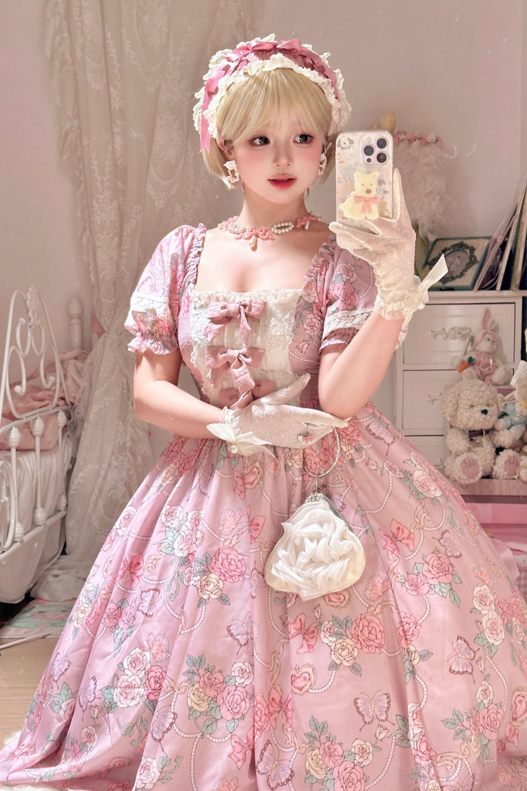 Pink Rose Print Puff-Sleeve Ruffle Bow Plus-Size Lolita Dress