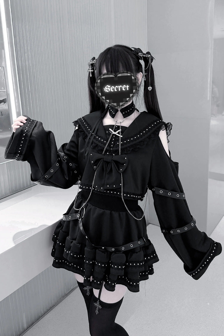 Black Gothic Studded Ruffle Bow Navy-Collar Jirai Kei Top & Skirt