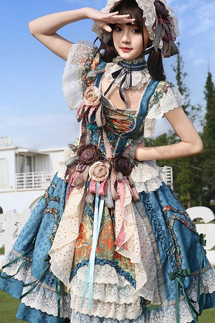 Blue Lake Monet Sleeveless High Waist Print Ruffle Cardigan Bow Lace-Up Vintage Elegant Princess Jumper