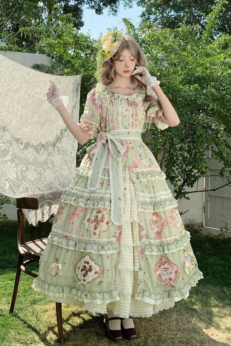 Green Short Sleeve Print Ruffle Cardigan Bowknot Gorgeous Dress