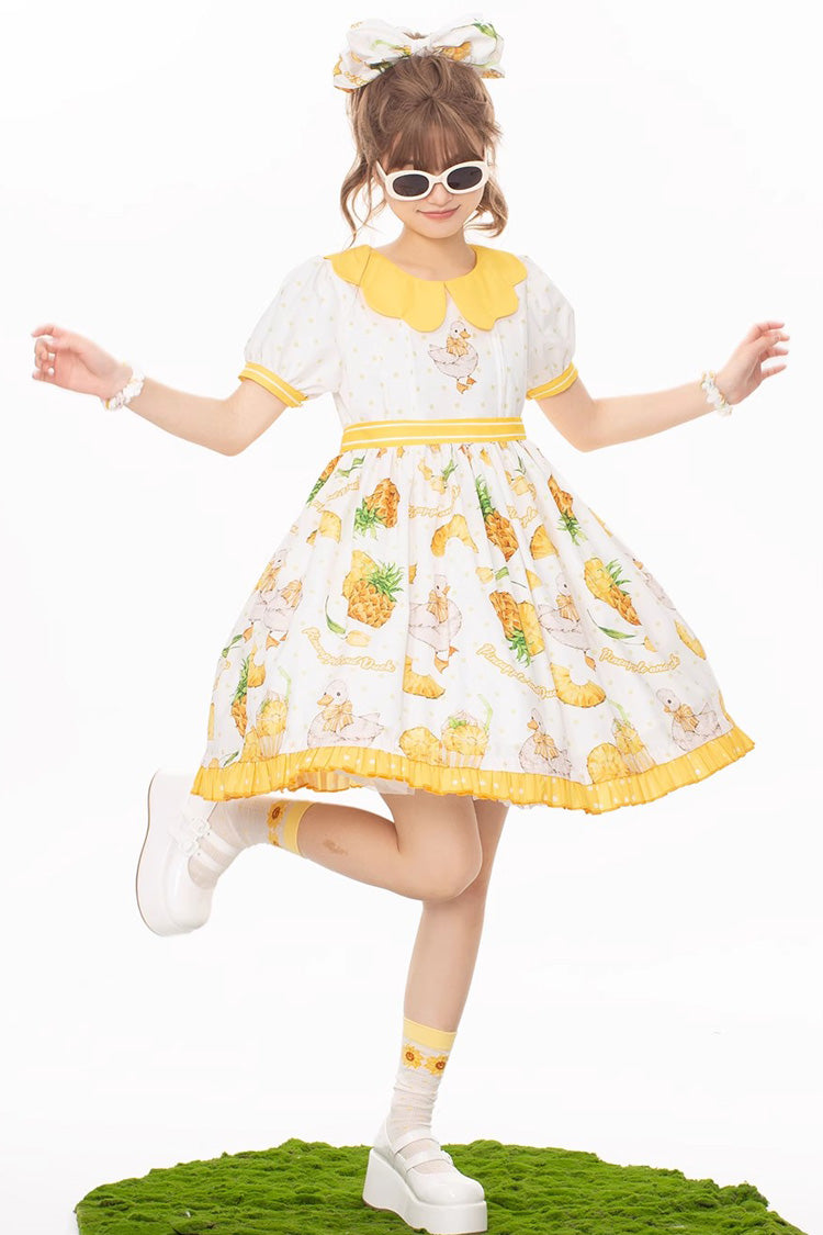 Creamy Ivory and Gold Duck Motif Puffed Sleeve One-Piece Lolita Gown