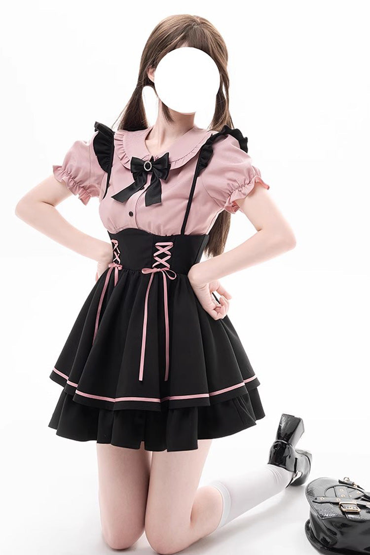 First Sakura Short Sleeves Multi-layer Lace-Up Sweet Jirai Kei Japanese Set - Black/Pink