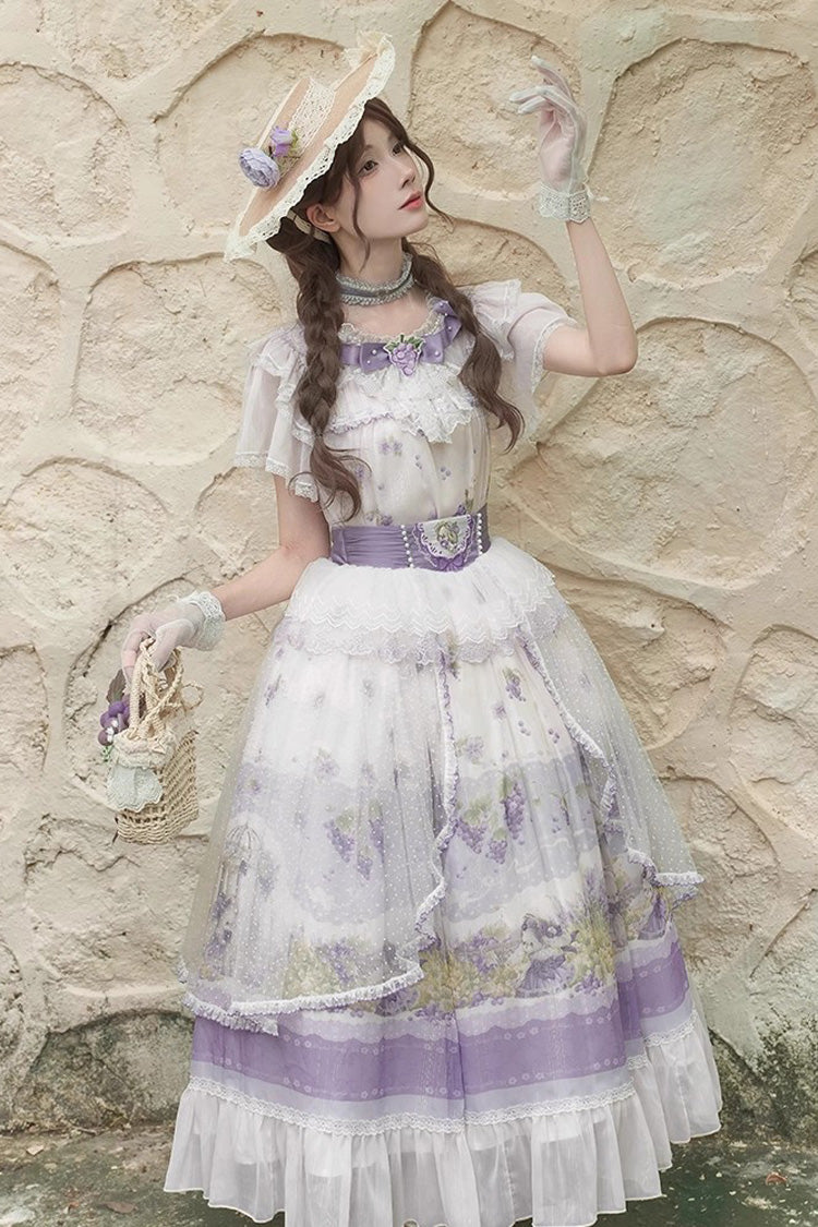 Ivory and Lavender Rabbit Vine Grape Print Short Sleeve Ribbon Lace Elegant Sweet Lolita Skirt Set