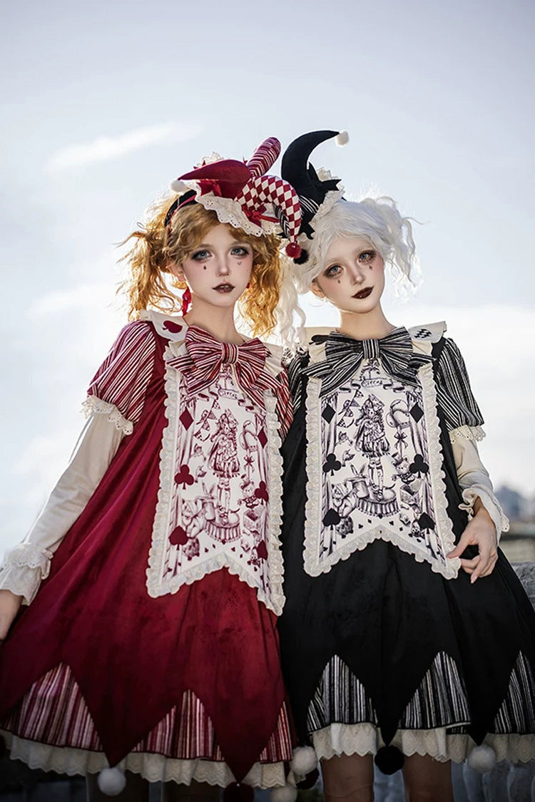 Gothic Lolita Dress Set with Ruffled Bow and Long Sleeves - Red