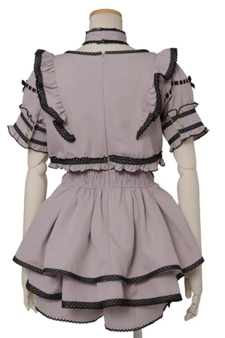 Cute Bow Print Square Neck Short Sleeve Plus Size Jirai Dress with Matching Shorts