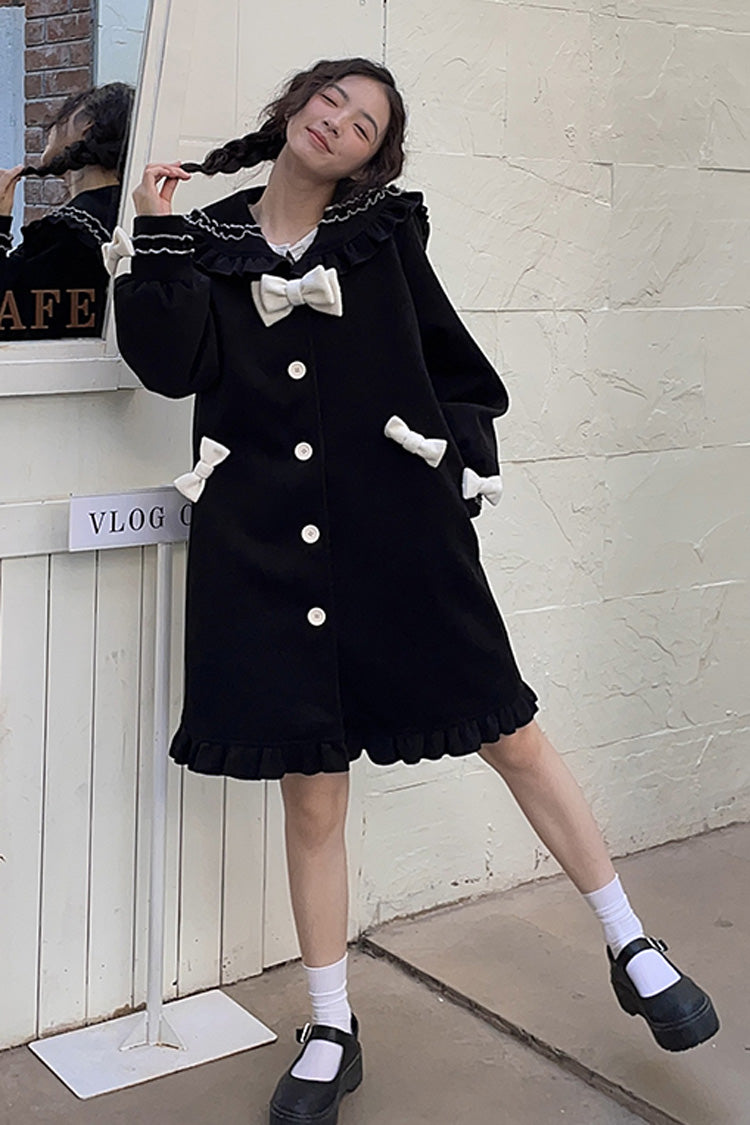 Doll-Collar Long-Sleeve Bow Princess Coat in Black