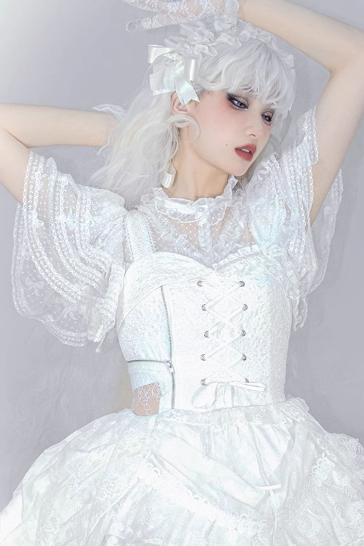 Hollow Lace Sweet Blouse with Removable Pads & Short Sleeves