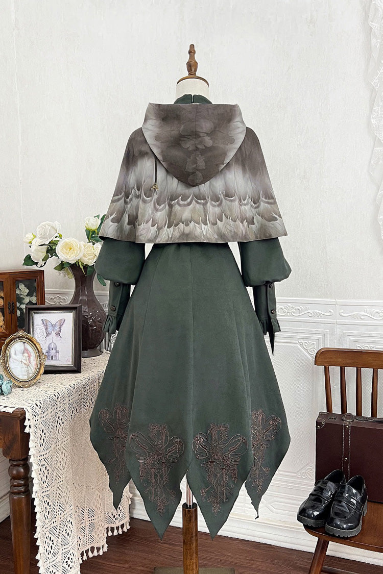 Emerald Stand-Collar Long-Sleeve Embroidered Ruffled Vintage Lolita Ensemble