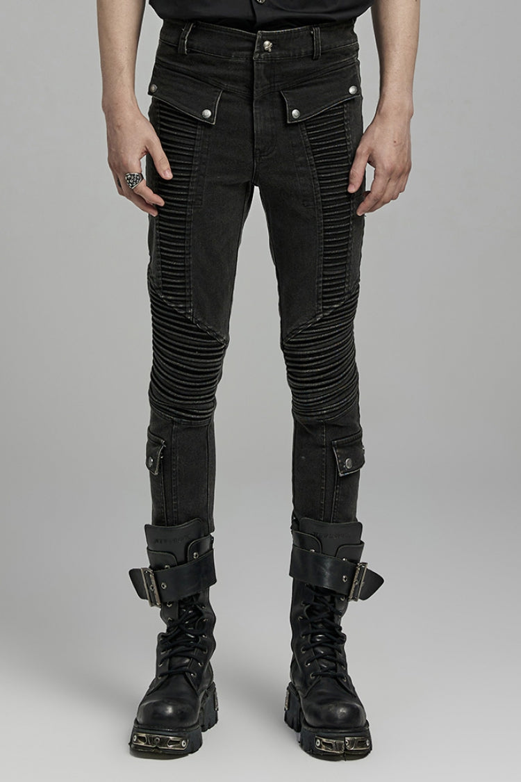 Punk Men's Pleated Cargo Pants, Jet Black