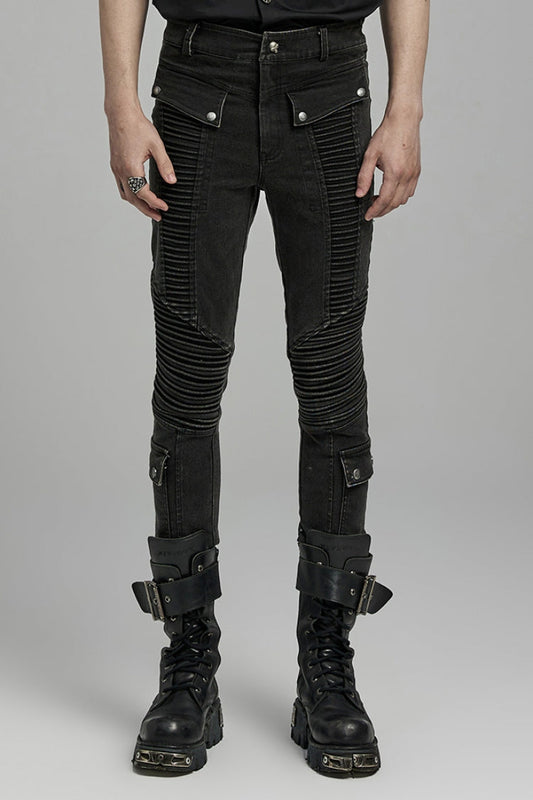 Punk Men's Pleated Cargo Pants, Jet Black