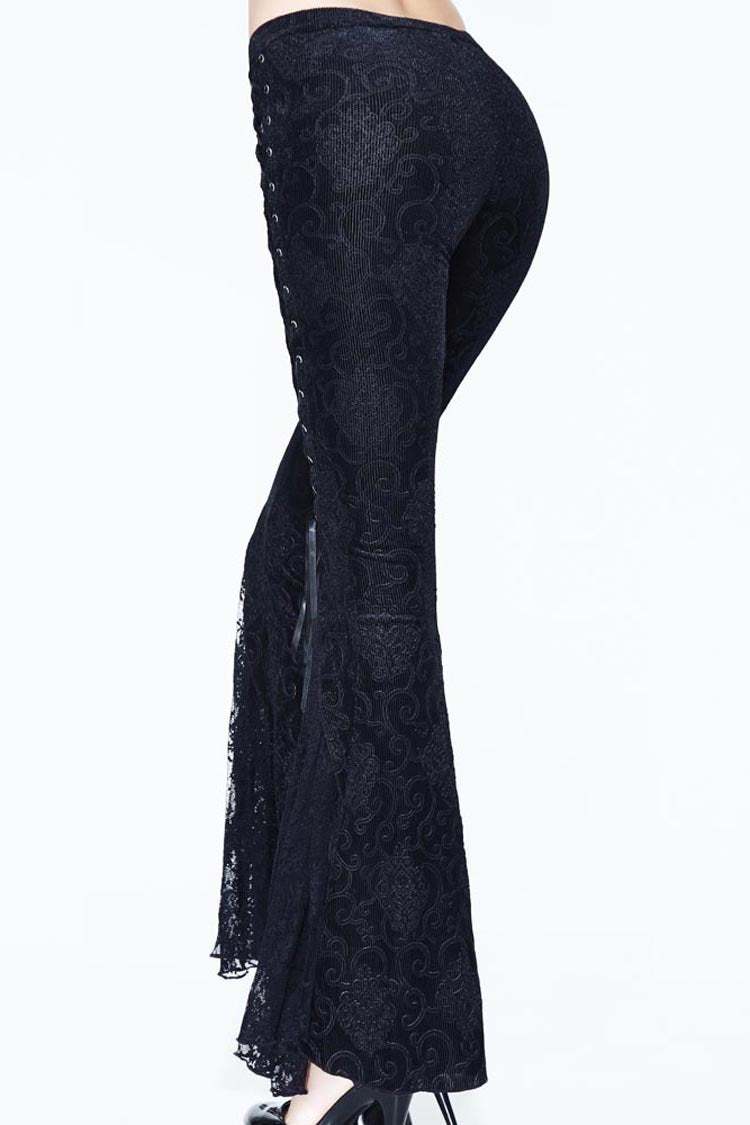 Lace-Up Flared Velveteen Gothic Pants with Pattern