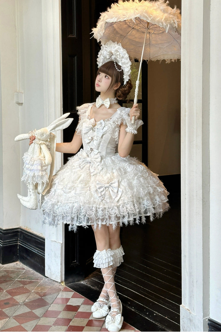 Ivory Gothic JSK with Pearl Bowknots and Layered Ruffles - Cloudborne Snowfeather