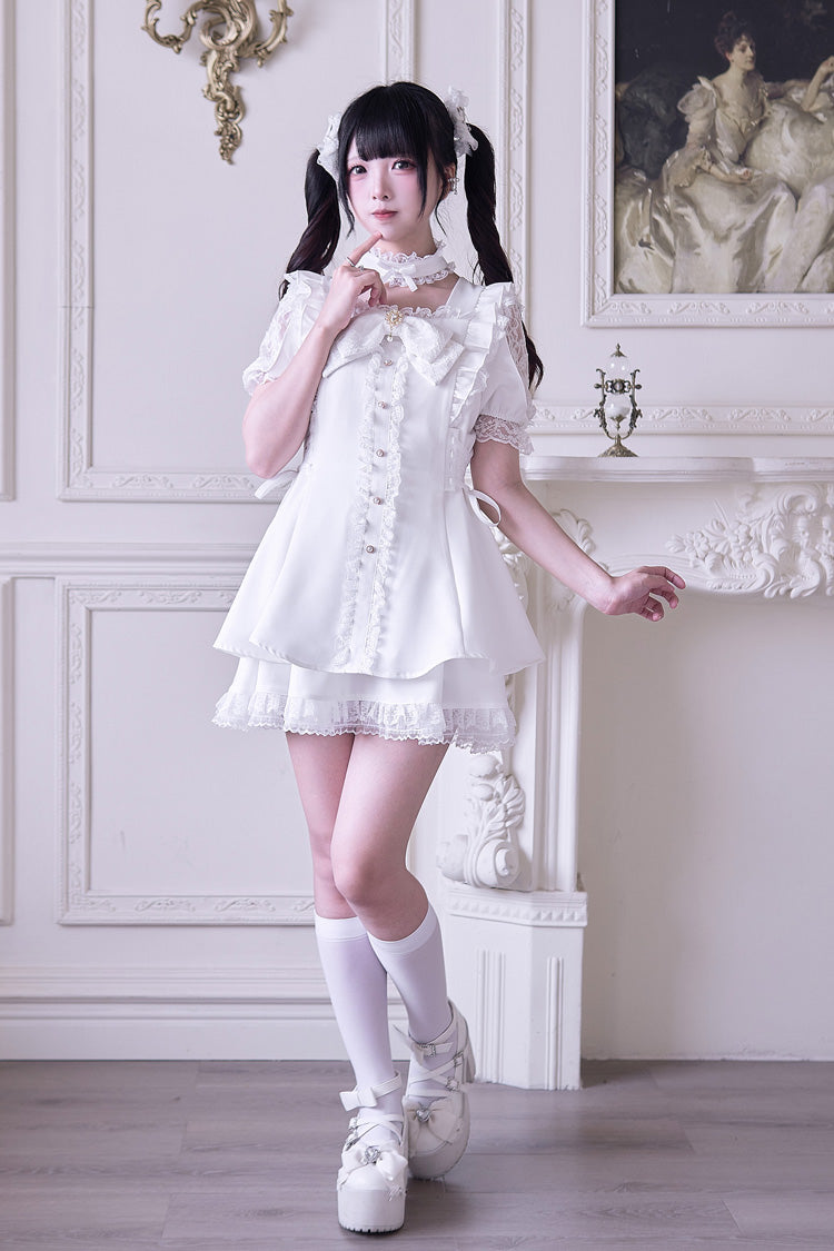 Ivory Ruffle Bowknot Jirai Kei Dress Set with Short Sleeves - Waltz