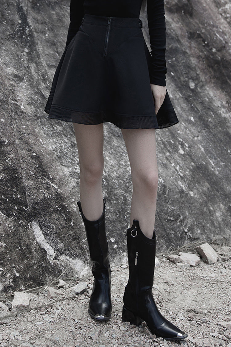 Punk Skirt with Plaid Mesh Stitching V-Shape Sun Hem Design