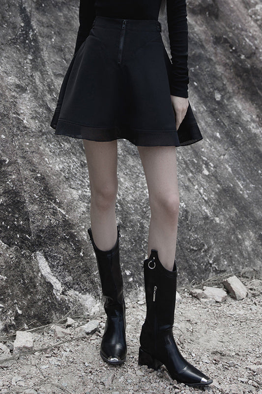 Punk Skirt with Plaid Mesh Stitching V-Shape Sun Hem Design