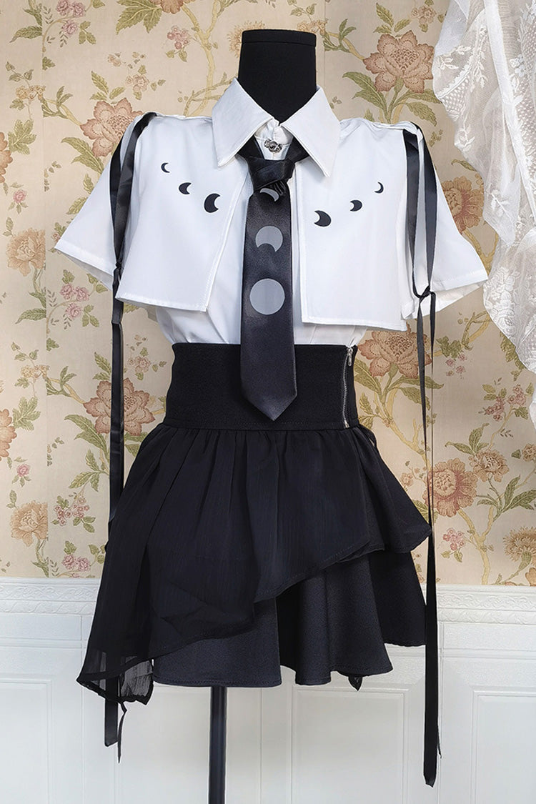 Black/White Ruffle Asymmetric Gothic Jirai Kei Skirt Blouse Set