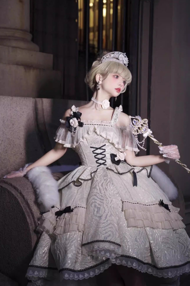 Ivory and Black Elegant Princess Lolita JSK Dress with Ruffle and Bowknot
