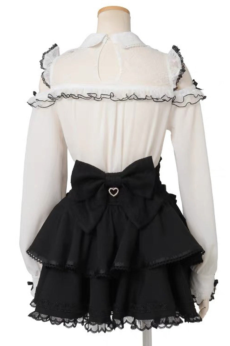 Lapel Off-Shoulder Bow Blouse - Spliced Lace
