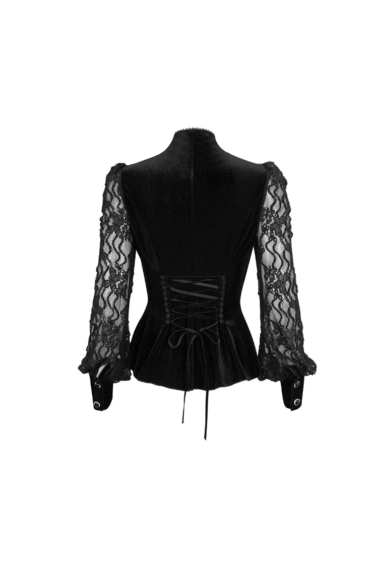 Charcoal Velvet High-Neck Lace Gothic Shirt with Butterfly Embroidery