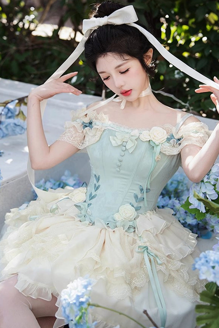 Green Off-Shoulder Bow Lace Ballet Tiered Dress