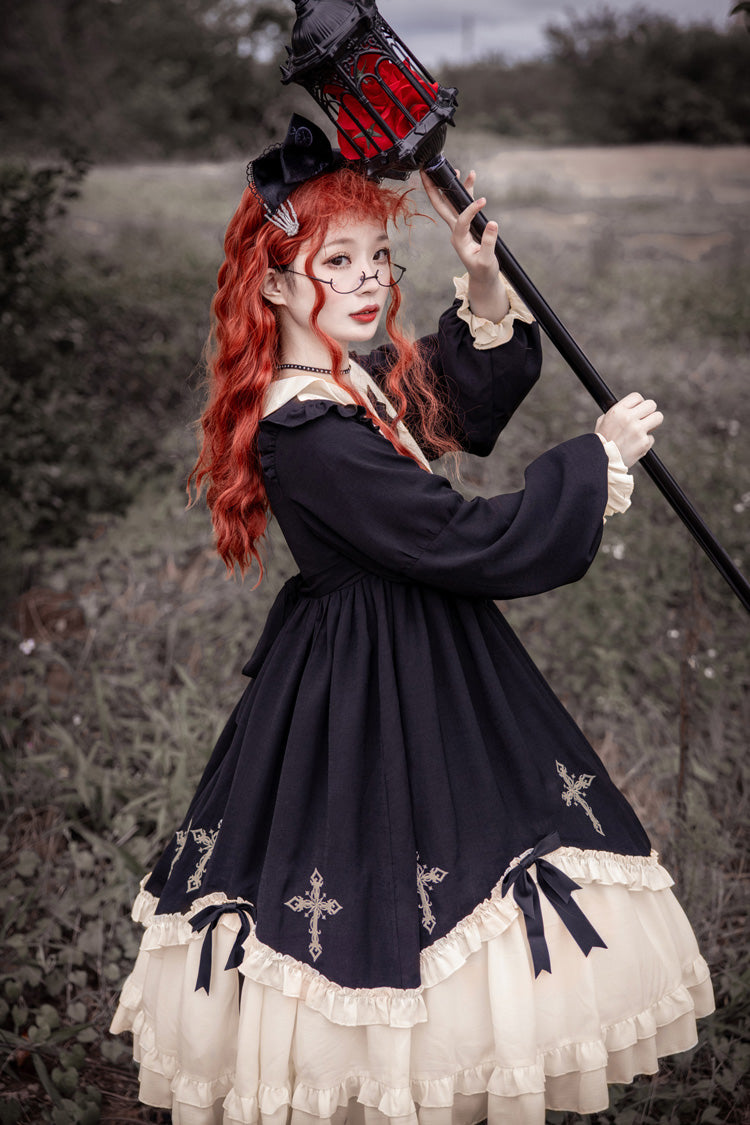 Dark Girl Gothic Lolita OP Dress with Doll Collar and Embroidered Cross - Altfashion Shop
